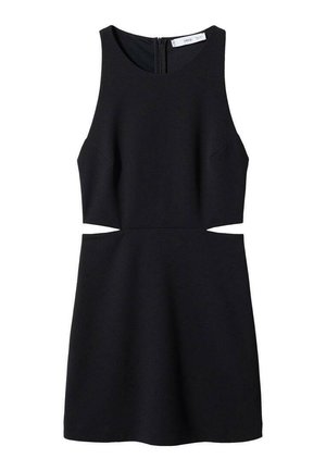 Black sleeveless mini dress with side cutouts and a back zipper closure, featuring a fitted bodice and flared skirt.
