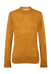 Musztardowo-żółty dziergany sweter z kołnierzem o falistym brzegu, długimi rękawami i teksturowanym wzorem diamentów. Miękka tkanina, dopasowany krój.
