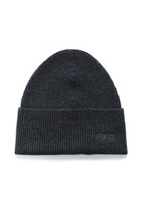Beanie tricotat cu model cu nervuri de culoare gri închis, cu o manșetă pliată și broderie logo subtilă. Textură moale, formă cilindrică și material elastic.