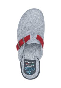Gray felt slipper with a red felt strap and metal buckle. Features a black sole and a label reading "FLY LOT ANATOMICO."