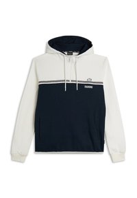 Felpa con cappuccio, parte superiore bianca e parte inferiore blu navy. Presenta tasche a marsupio, cordini e la scritta "TRAINING".