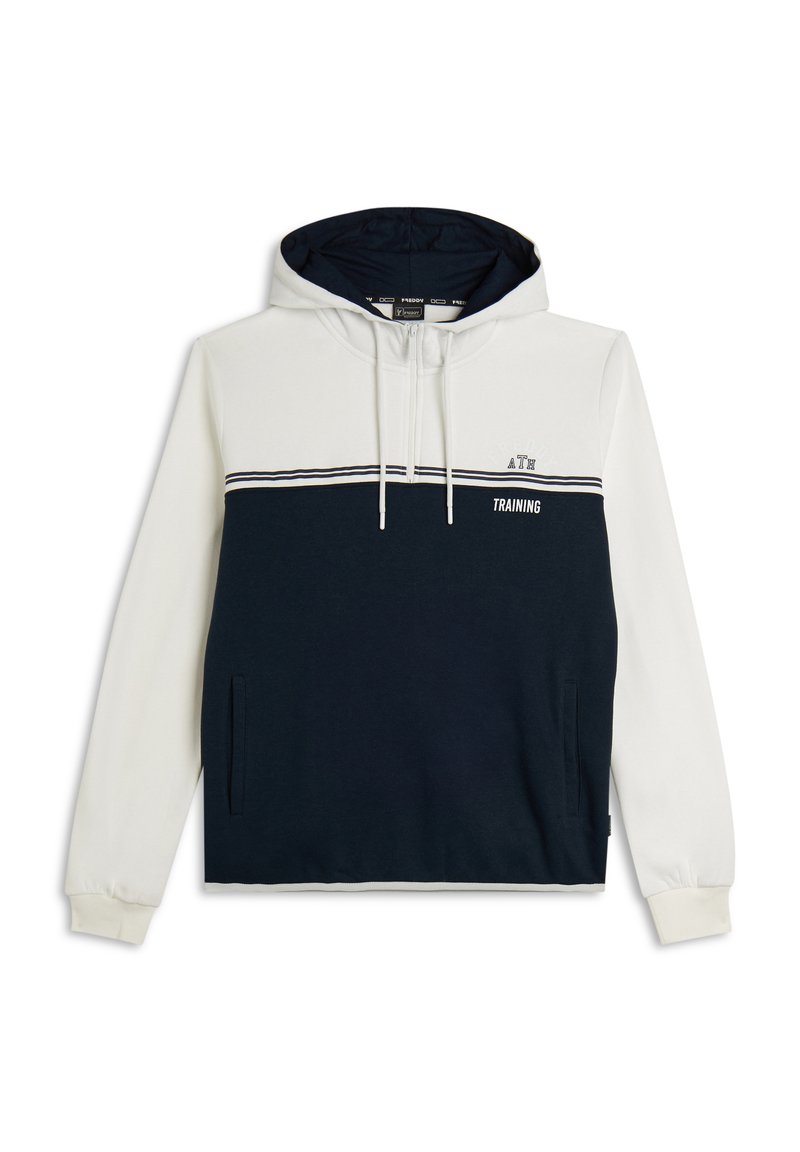 Felpa con cappuccio, parte superiore bianca e parte inferiore blu navy. Presenta tasche a marsupio, cordini e la scritta "TRAINING".