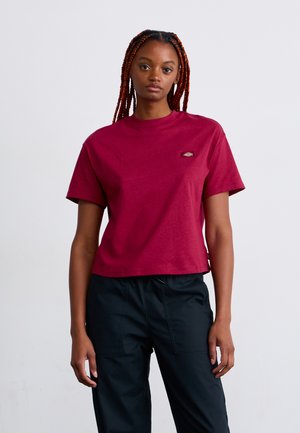 Giovane donna con lunghe trecce rosse, che indossa una maglietta rossa a maniche corte e pantaloni neri, in piedi su uno sfondo chiaro e uniforme.