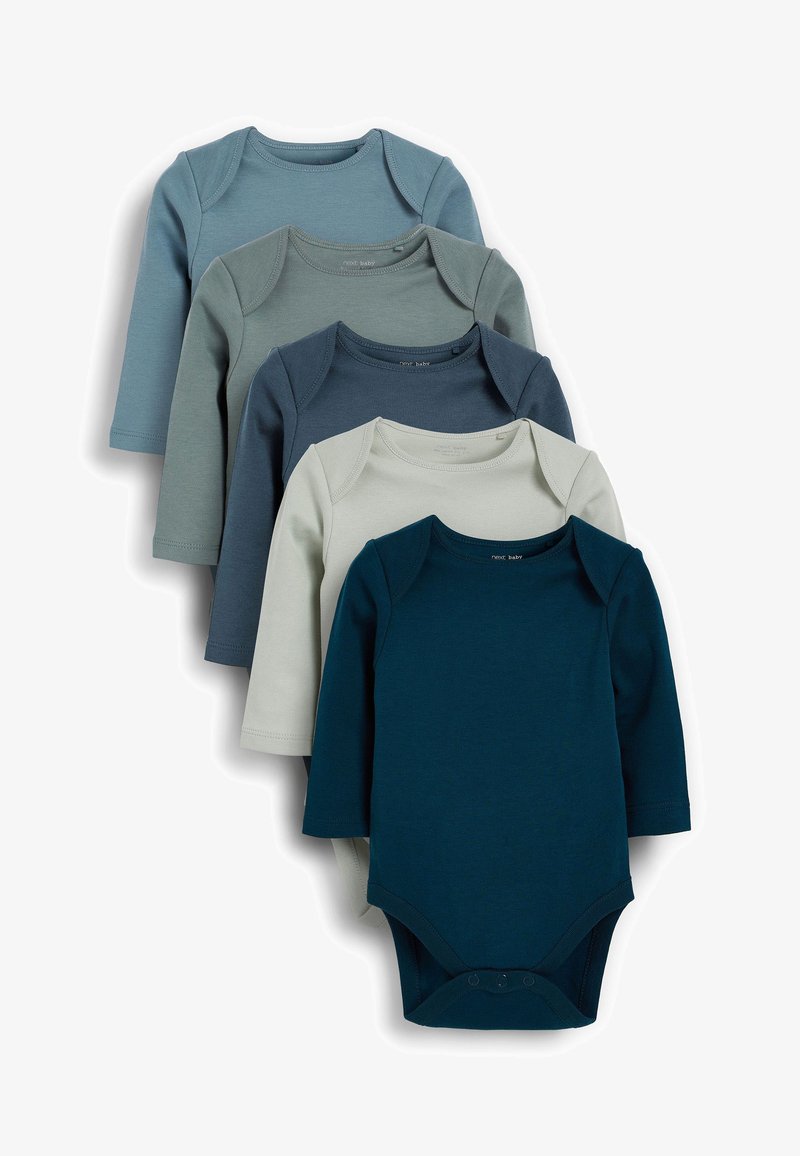 Öt hosszú ujjú baba body különböző kék és zöld árnyalatokban; puha, sima anyag; patentos zárás az alján; lekerekített nyakkivágás.