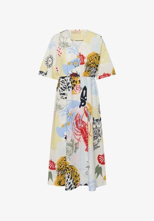 Midi suknelė trumpomis rankovėmis, su spalvingais spaudiniais: leopardas, omaras, pelėda, saulė ir gėlių raštai ant šviesaus fono.