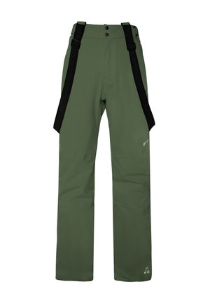 Pantalones impermeables verdes con tirantes negros ajustables, dos botones en la cintura y costuras reforzadas para mayor durabilidad.