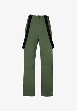 Pantalones impermeables verdes con tirantes negros ajustables, dos botones en la cintura y costuras reforzadas para mayor durabilidad.