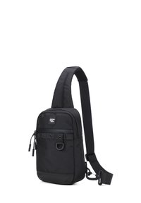 Borsa a tracolla nera con spallaccio imbottito, scomparto principale con zip e tasche frontali. Realizzata in materiale nylon resistente e dotata di hardware regolabile.