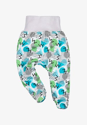 Cotton baby pants with a white waistband, featuring a multicolored geometric pattern in blue, green, gray, and black dots and shapes.