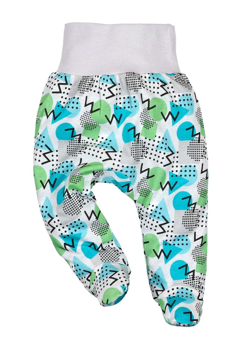 Bawełniane spodnie dla niemowląt z białym pasem w talii, zdobione wielokolorowym geometrycznym wzorem w niebieskie, zielone, szare i czarne kropki oraz kształty.