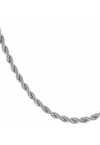 Srebrny łańcuszek w kształcie sznura, o skręconym wzorze, gładkiej fakturze i stałej grubości na całej długości. Brak dodatkowych akcesoriów lub ozdób.