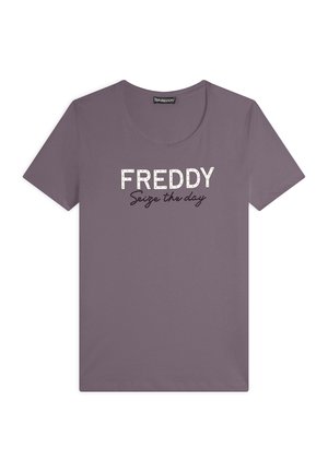 Maglietta in cotone viola con scollo rotondo. Sul davanti è presente il testo "FREDDY" in bianco e "Cogli l'attimo" in un font corsivo nero.
