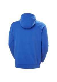 Sudadera azul con capucha que presenta una textura suave, un diseño sencillo y puños acanalados. La vista trasera muestra la forma y ajuste de la capucha.
