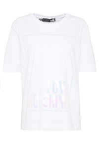 Bílý krátký rukáv tričko s holografickým textem "LOVE MOSCHINO" na přední straně a kulatým výstřihem.
