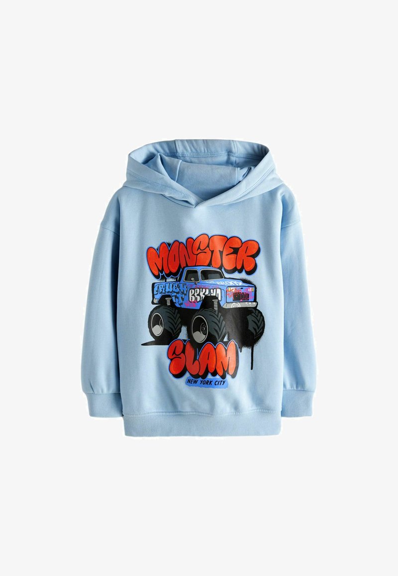 Světle modrá mikina s kapucí, která zobrazuje grafiku monster trucku s výrazným oranžovým textem "MONSTER SLAM" a "NEW YORK CITY".