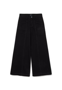 Pantalons en denim noir à jambes larges avec une taille haute, dotés de deux poches avant et d'une fermeture à bouton, fabriqués en tissu coton résistant.