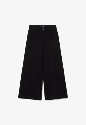 Schwarzweite Denim-Hosen mit hoher Taille, ausgestattet mit zwei vorderen Taschen und einem Knopfverschluss, aus robustem Baumwollstoff gefertigt.