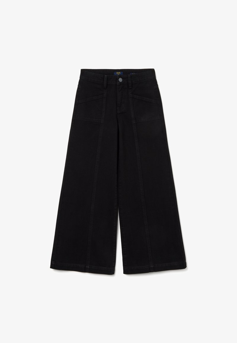 Pantalons en denim noir à jambes larges avec une taille haute, dotés de deux poches avant et d'une fermeture à bouton, fabriqués en tissu coton résistant.