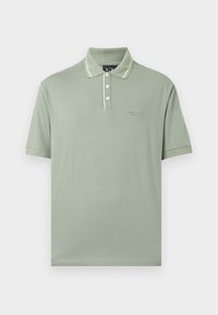 Polo à manches courtes vert clair avec trois boutons blancs, bordure de col blanche et petit logo Armani Exchange sur la poitrine.