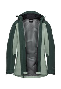 Wasserdichte Jacke in Grün und hellem Mint. Verfügt über einen Reißverschluss vorne, ein Mesh-Futter, eine verstellbare Kapuze und zwei seitliche Reißverschlusstaschen.
