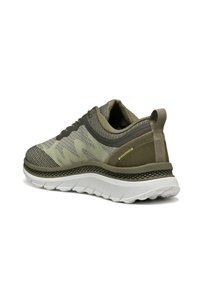 Athletic shoe with a dark olive green mesh upper, grey accents, textured panels, white sole, and a padded collar for comfort.