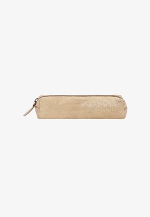 Metallic gold pencil case with a smooth, textured surface, featuring a zip closure and a small fabric pull tab on one side.