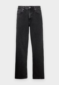 Zwarte spijkerbroek van denim met een recht model. Voorzien van een knoopsluiting, vijf zakken en zichtbare stiksels langs de naden.