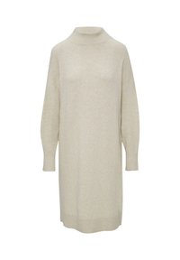 Beige gebreide jurk met een hoge hals, een losse pasvorm en lange mouwen. Ribbelstructuur bij de manchetten en de zoom voegt textuur toe.