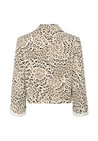 Beskaaret jakke i et beige og sort leopardmønster, med lange ærmer og hvide teksturerede manchetter samt en standard krave.