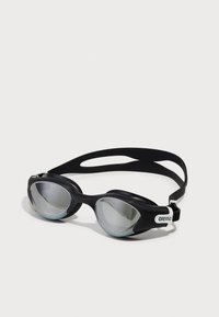 Black swim goggles with mirrored lenses, textured rubber frame, and adjustable silicone strap. Features brand logo on the side.