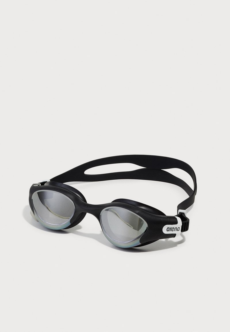 Black swim goggles with mirrored lenses, textured rubber frame, and adjustable silicone strap. Features brand logo on the side.