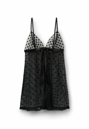 Zwarte doorschijnende kanten babydoll lingerie met dunne bandjes, hartmotief, gegolfde randen en een satijnen lint gestrikt aan de voorzijde in het midden.