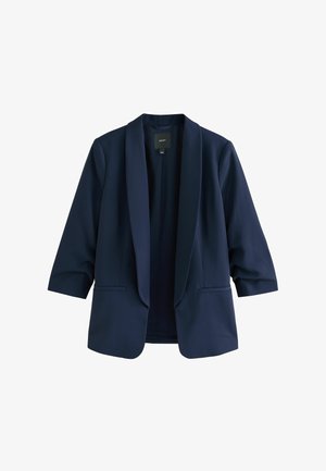 Navy blazer with a smooth fabric, open front, three-quarter sleeves, and two front pockets. Minimalist design with a tailored shape.