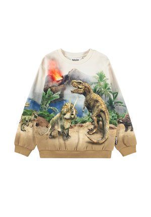 Mikina z bavlny s potiskem dinosaura, v zemitých tónech, s kulatým výstřihem, dlouhými rukávy a žebrovanými manžetami a lemem.