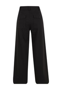 Pantalon noir à jambes larges, taille haute, deux poches arrière à rabat boutonnées et passants de ceinture, vu de dos.