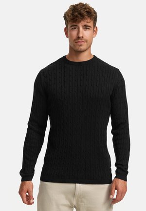 Black knitted sweater with textured cable pattern, round neckline, and long sleeves. Ribbed cuffs and hem. Modern fit.