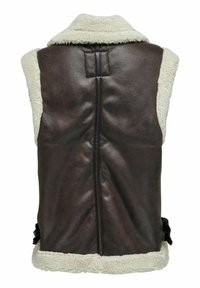 Bruine leren vest met crèmekleurige schapenvacht afwerking, voorzien van een hoge kraag, een rits aan de achterkant en zijgespen voor aanpassing.