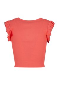 Top corto a coste corallo con maniche corte volant e scollatura rotonda. Texture liscia con un design aderente.