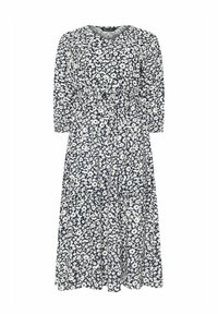 Vestido de estampado floral en azul marino, con escote en V, mangas tres cuartos, cintura elástica y falda con volantes. Fabricado en tejido ligero.