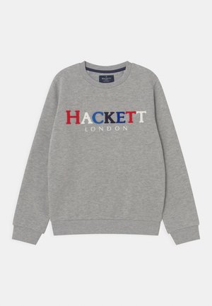 Jasnoszara bluza z okrągłym dekoltem z wielokolorowym napisem "HACKETT" oraz białym napisem "LONDON" poniżej na piersi, z długimi rękawami i ściągaczami na mankietach.