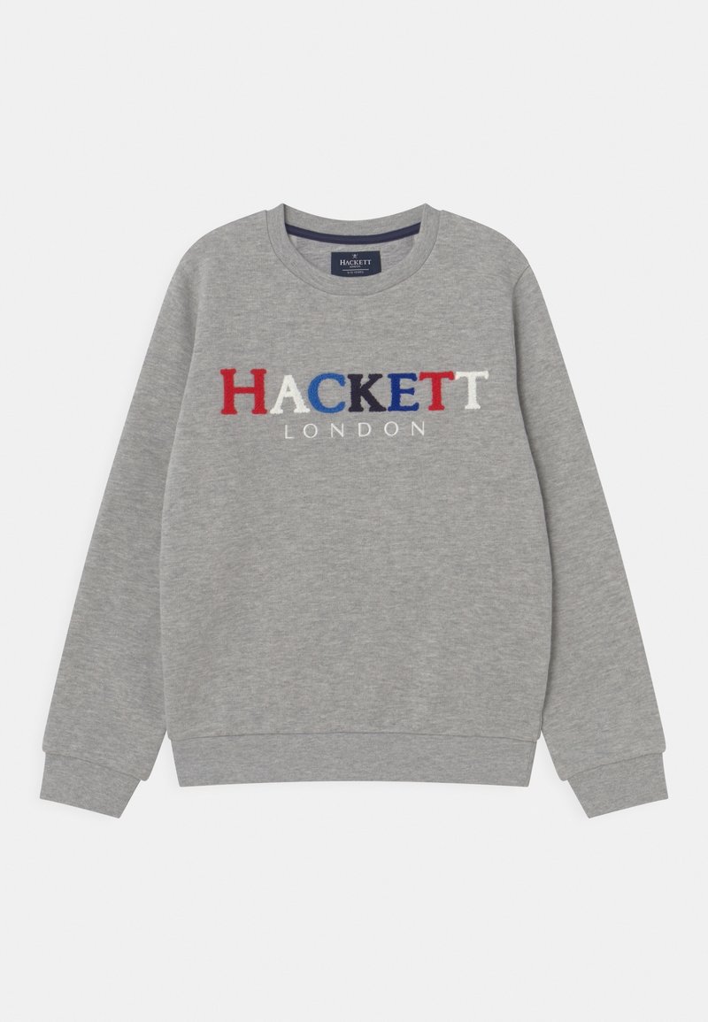 Sweat-shirt gris clair à col rond avec texte "HACKETT" multicolore et "LONDON" blanc en dessous sur la poitrine, manches longues et poignets côtelés.