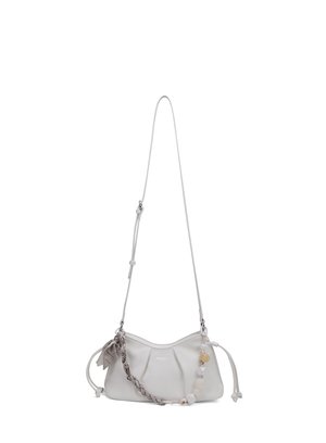 Small white shoulder bag with adjustable strap, braided detail, and decorative beads on a plain background.