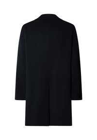 Cappotto nero in lana con una silhouette lunga e dritta, colletto a punta e maniche lunghe. Presenta una schiena pulita e dettagli minimi.