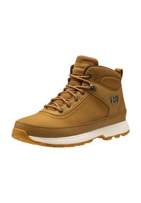Bota de senderismo marrón con una parte superior de cuero suave, cuello acolchado, ojales metálicos y una entresuela blanca con una suela exterior de goma resistente.