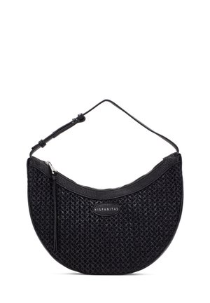 Zwarte halve maan handtas met geweven textuur, verstelbare schouderriem, ritssluiting en "Hispanitas" logo aan de voorkant.