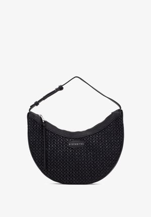 Černá kabelka ve tvaru půlměsíce s tkanou texturou, nastavitelným ramenním popruhem, zapínáním na zip a logem "Hispanitas" vpředu.