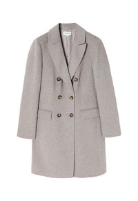 Abrigo gris de doble botonadura hecho de una suave mezcla de lana, con dos bolsillos laterales y botones de apariencia de cuerno, con un diseño de solapa ajustada.