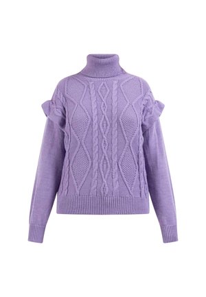 Pulover tricotat mov cu guler înalt, având modele cu fir torsionat și mâneci bufante. Textură moale, cu tiv și manșete cu șanțuri.
