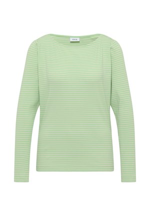 Top met lange mouwen in lichtgroen met subtiele witte strepen. Heeft een ronde halslijn en een gladde, zachte textuur. Gemaakt van een katoenmix.