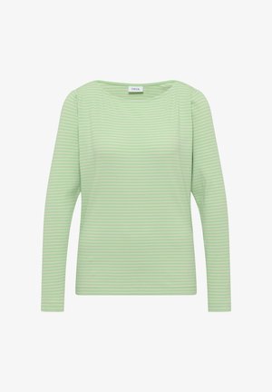 Bluzka z długim rękawem w jasnej zieleni z subtelnymi białymi paskami. Posiada okrągły dekolt i gładką, miękką fakturę. Tkanina z mieszanki bawełny.